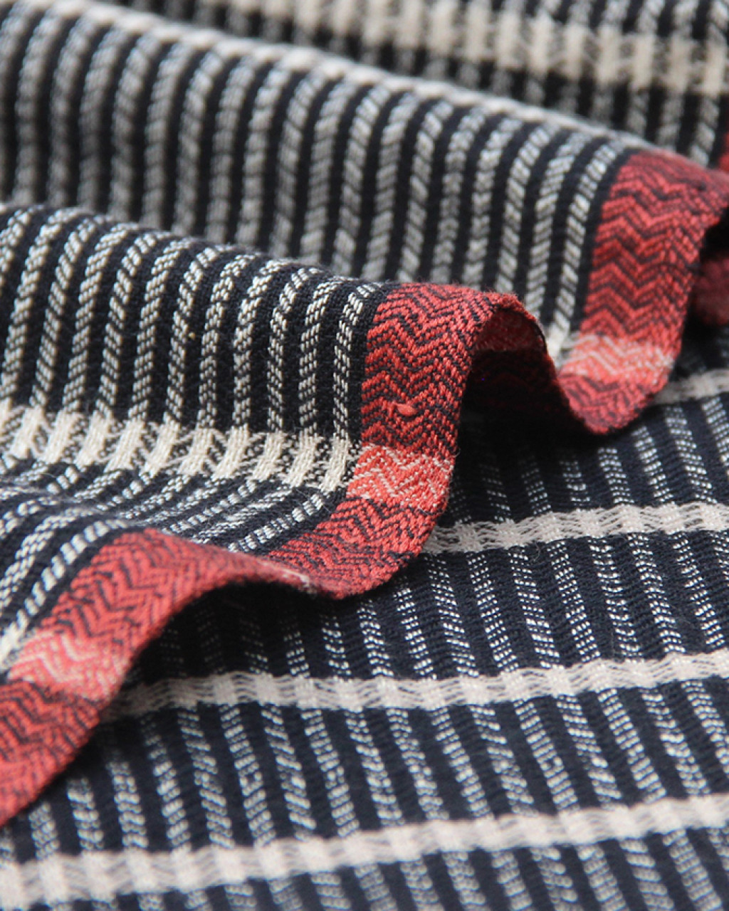 (346) Cotton, merino wool Azo-free dyed yardage from Arunachal Pradesh - Off white, black, vertical stripes, horizontal stripes, pointed twill