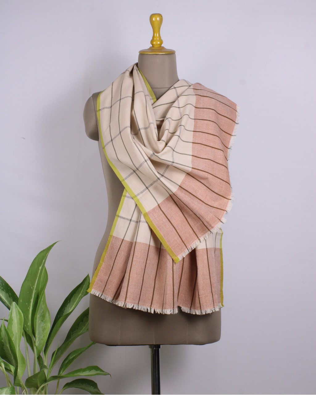 (407) Cotton Azo-free dyed stole from Nagaland - Peach, blue, vertical stripes, horizontal stripes