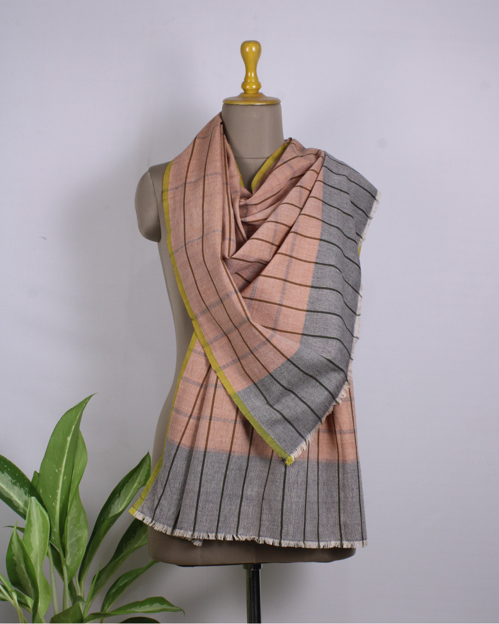 (408) Cotton, merino wool Azo-free dyed stole from Nagaland - Grey, peach, vertical stripes, horizontal stripes