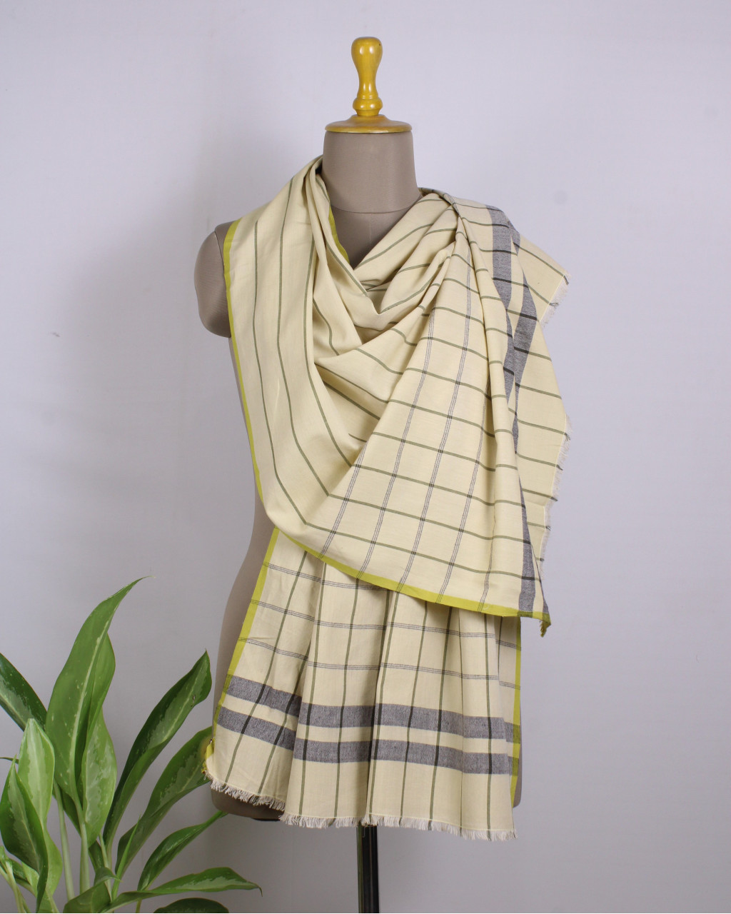 (433) Cotton, merino wool Azo-free dyed stole from Nagaland - Yellow, blue, vertical stripes, horizontal stripes