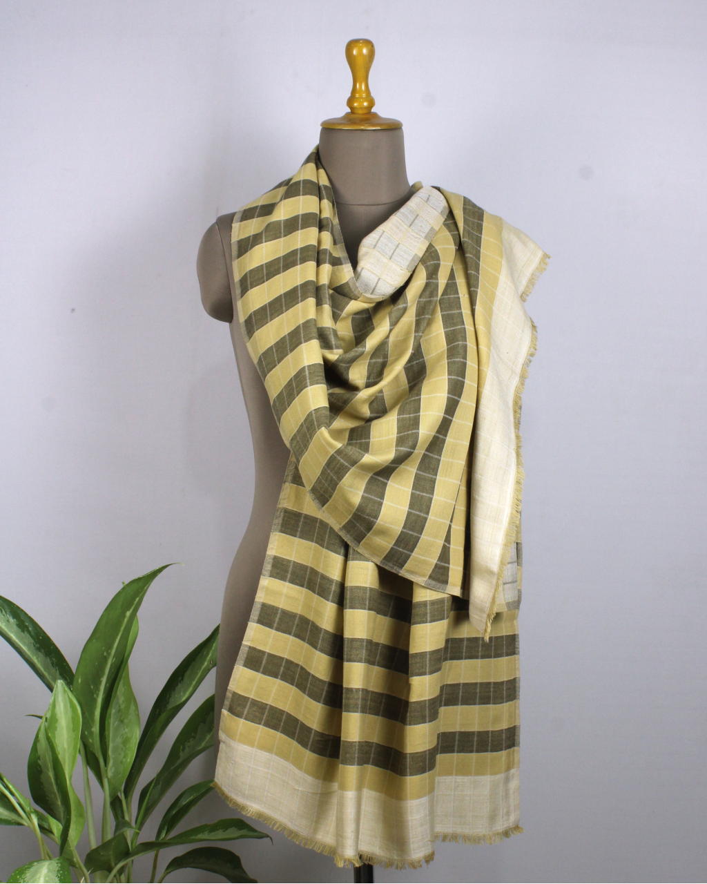 (291) Eri silk, cotton, mulberry silk Azo free dyed stole from Uttarakhand - Yellow, checks