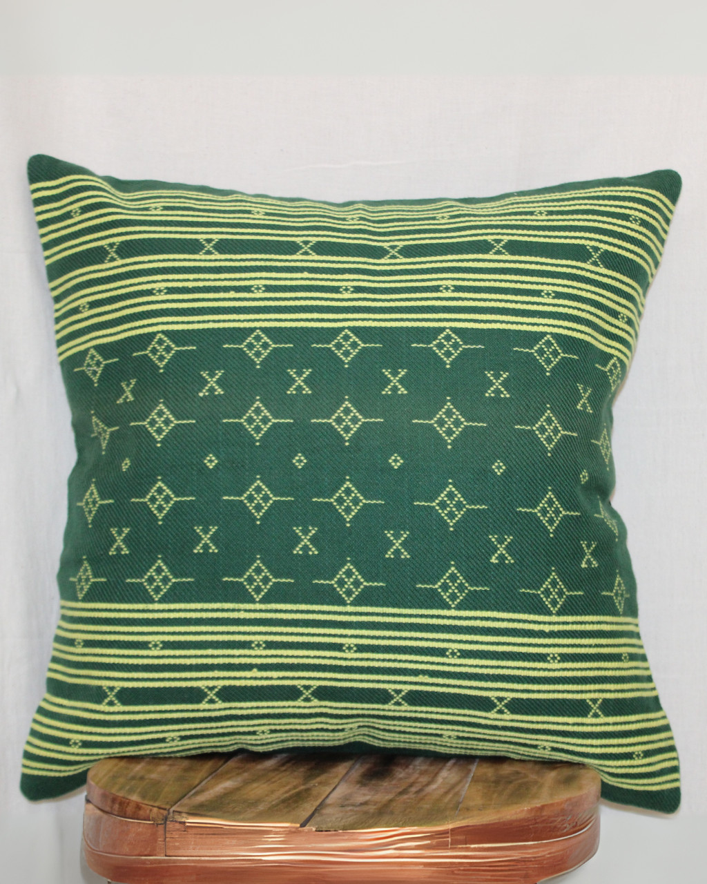 (1468) Kala cotton Azo-free dyed Kutchy cushion cover from Kutch with kala cotton extra-weft - Green, yellow, motif