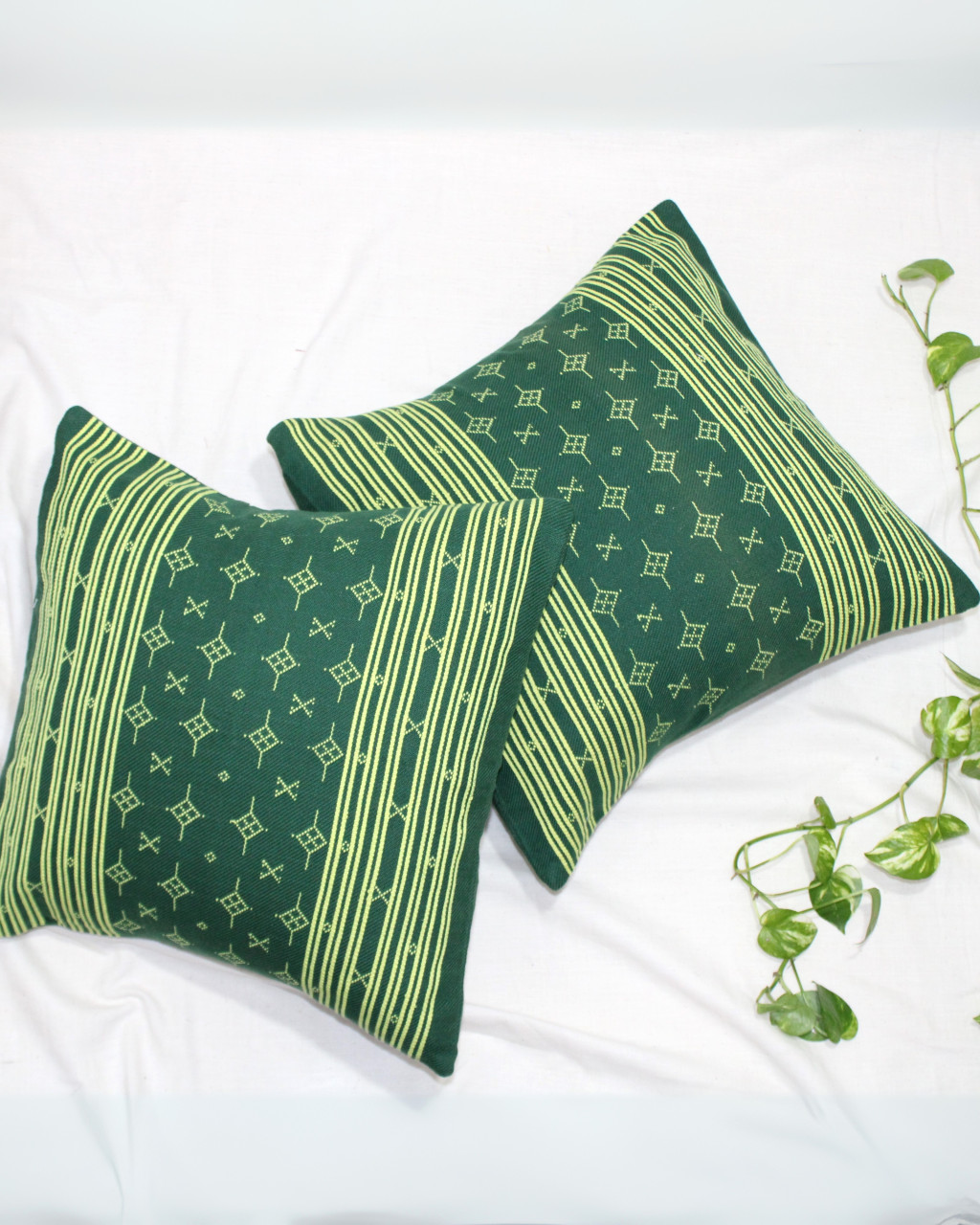 (1468) Kala cotton Azo-free dyed Kutchy cushion cover from Kutch with kala cotton extra-weft - Green, yellow, motif