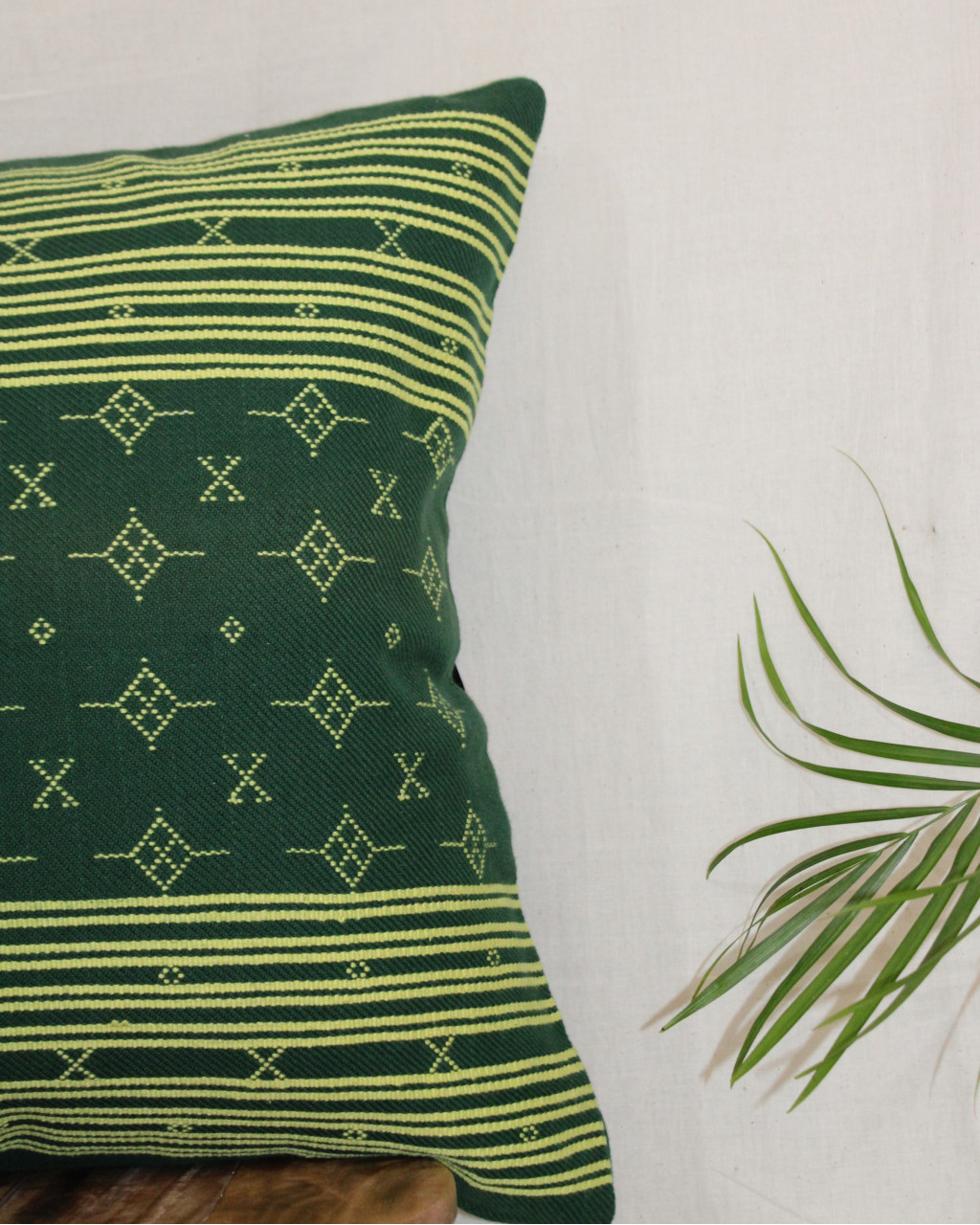 (1468) Kala cotton Azo-free dyed Kutchy cushion cover from Kutch with kala cotton extra-weft - Green, yellow, motif
