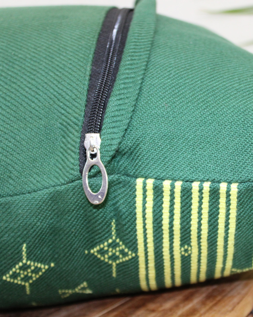 (1468) Kala cotton Azo-free dyed Kutchy cushion cover from Kutch with kala cotton extra-weft - Green, yellow, motif