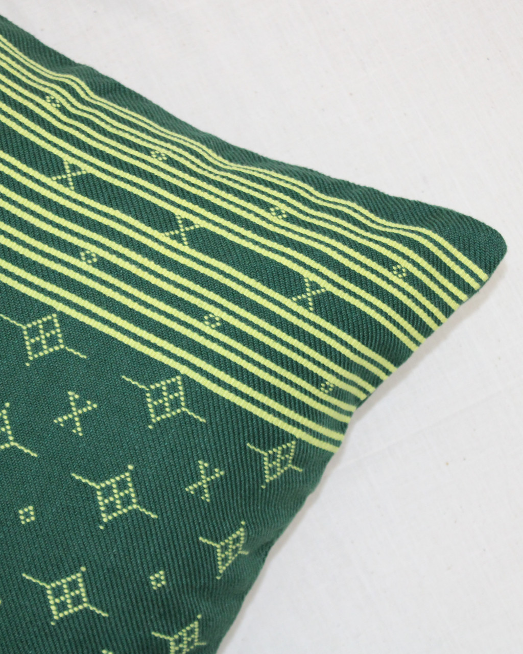 (1468) Kala cotton Azo-free dyed Kutchy cushion cover from Kutch with kala cotton extra-weft - Green, yellow, motif