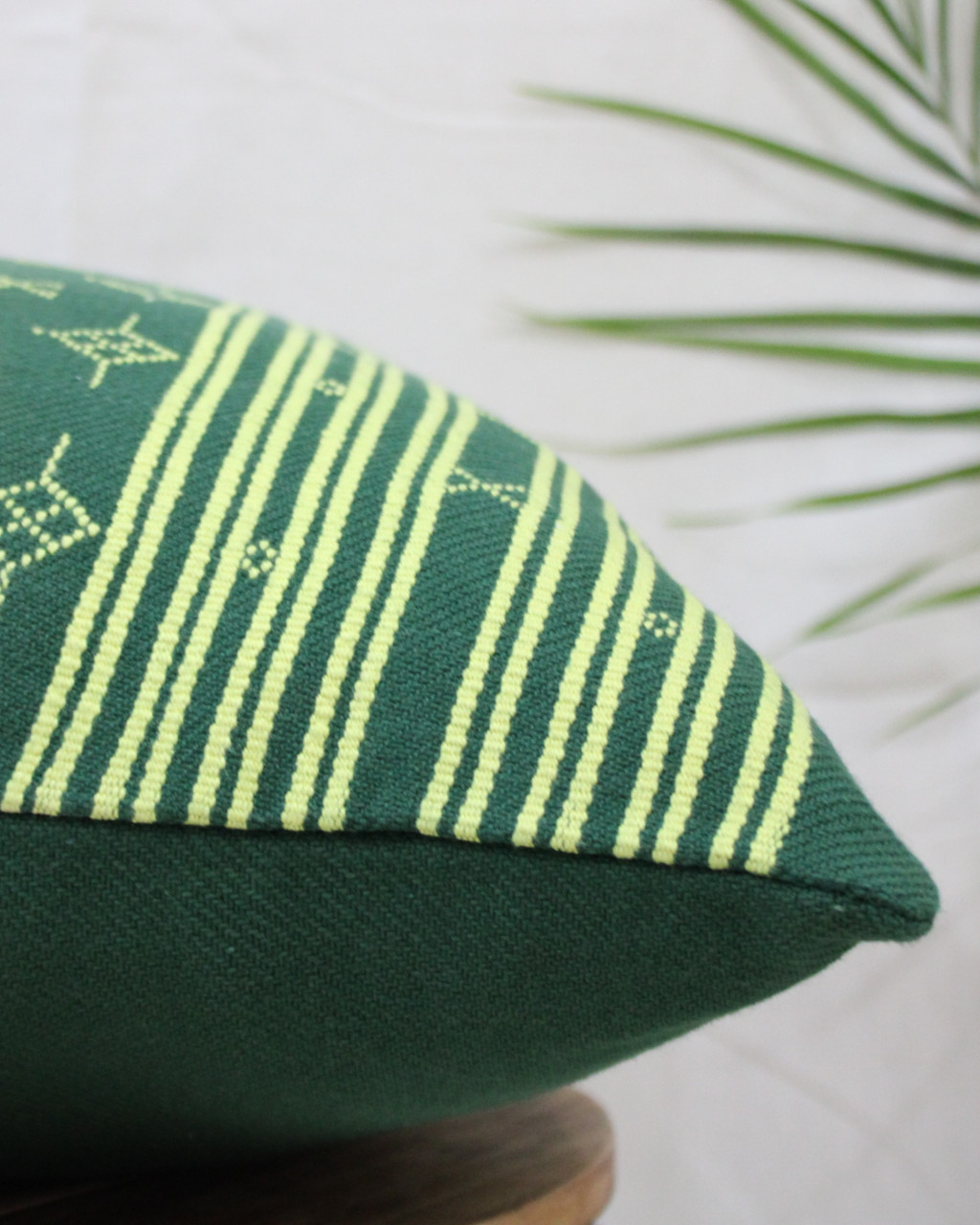 (1468) Kala cotton Azo-free dyed Kutchy cushion cover from Kutch with kala cotton extra-weft - Green, yellow, motif