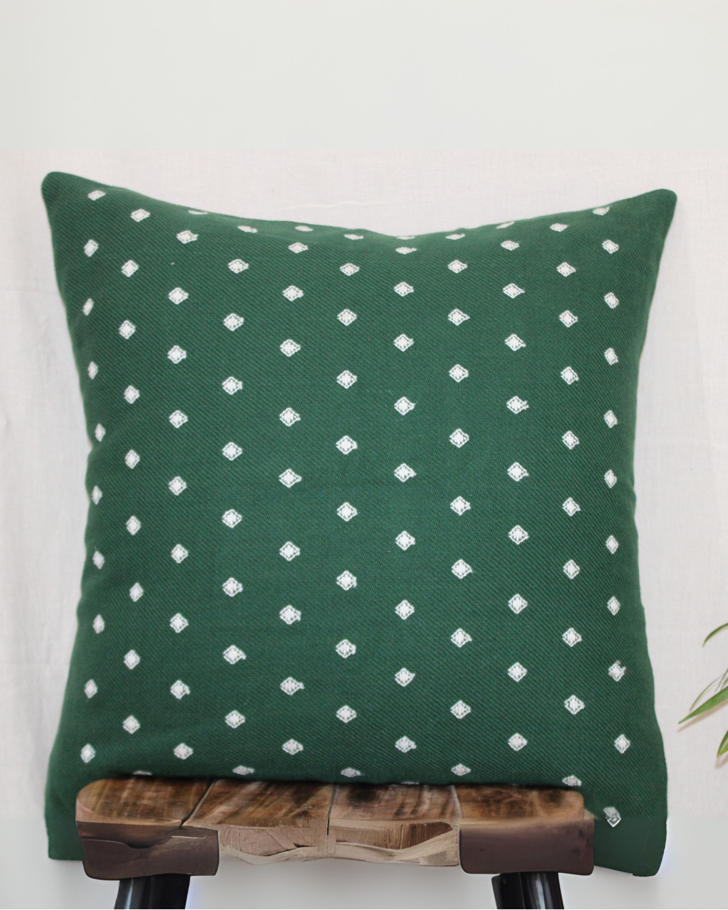(1469) Cotton Azo-free dyed Kutchy cushion cover from Kutch with kala cotton extra-weft - Green, white, motif