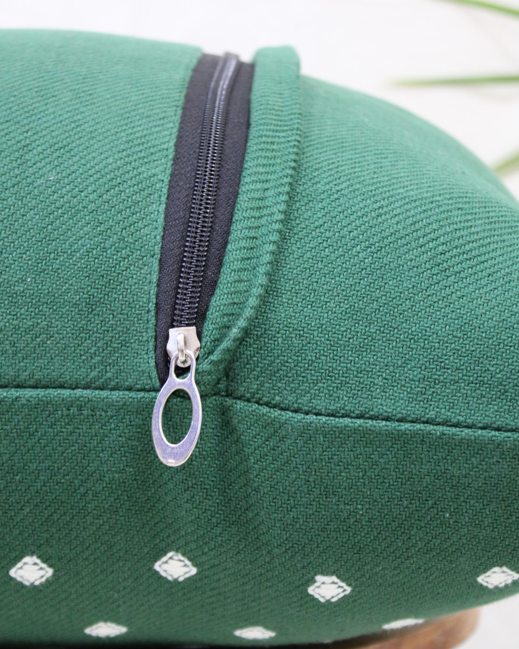 (1469) Cotton Azo-free dyed Kutchy cushion cover from Kutch with kala cotton extra-weft - Green, white, motif