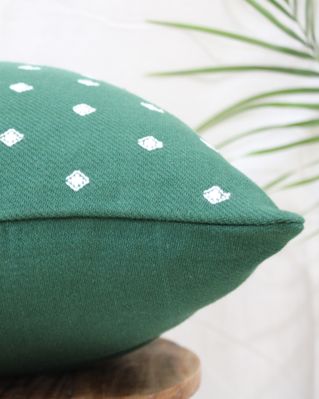 (1469) Cotton Azo-free dyed Kutchy cushion cover from Kutch with kala cotton extra-weft - Green, white, motif