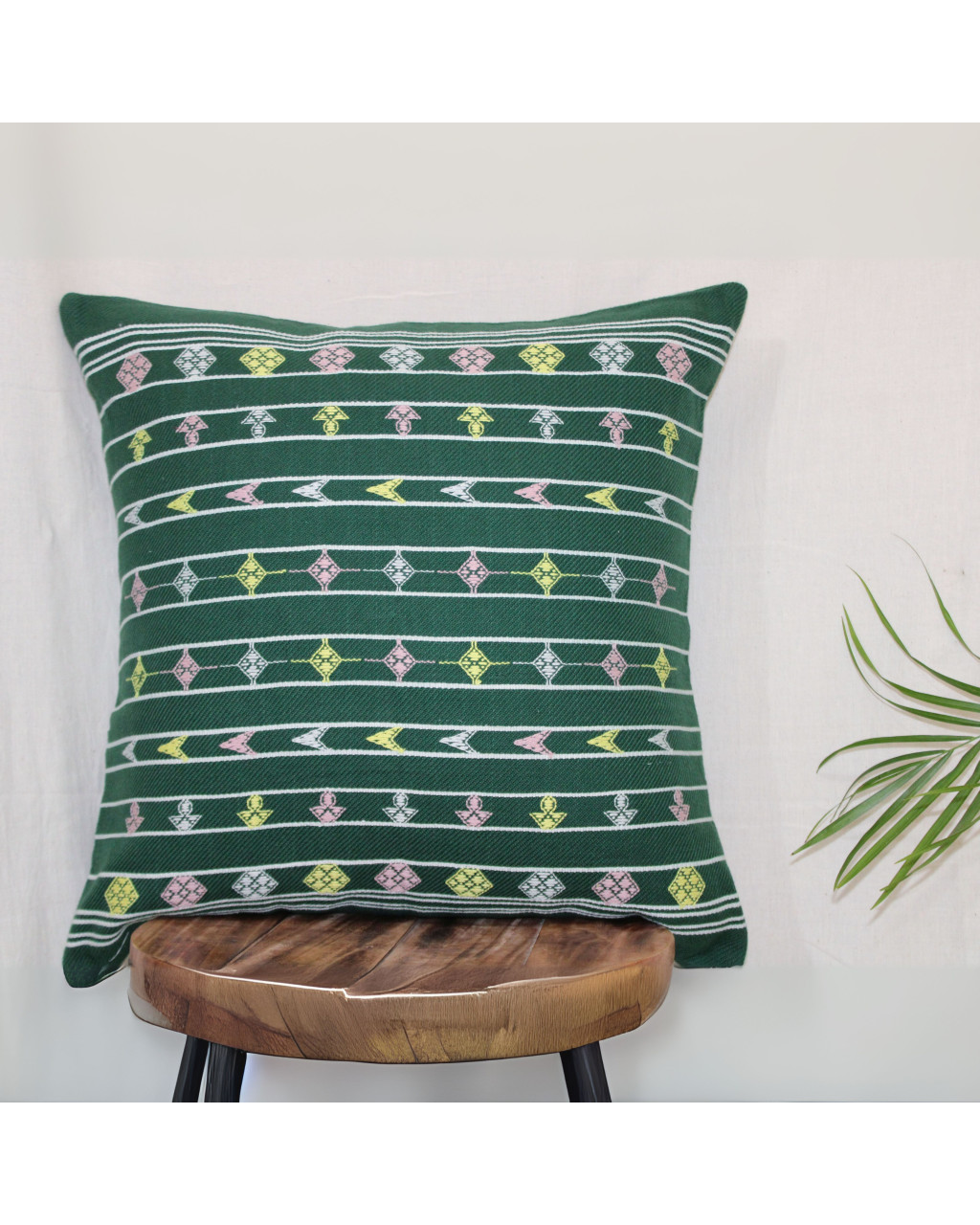 (1470) Kala cotton Azo-free dyed Kutchy cushion cover from Kutch with kala cotton extra-weft and kala cotton extra-weft - Green, white, pink, yellow, stripes
