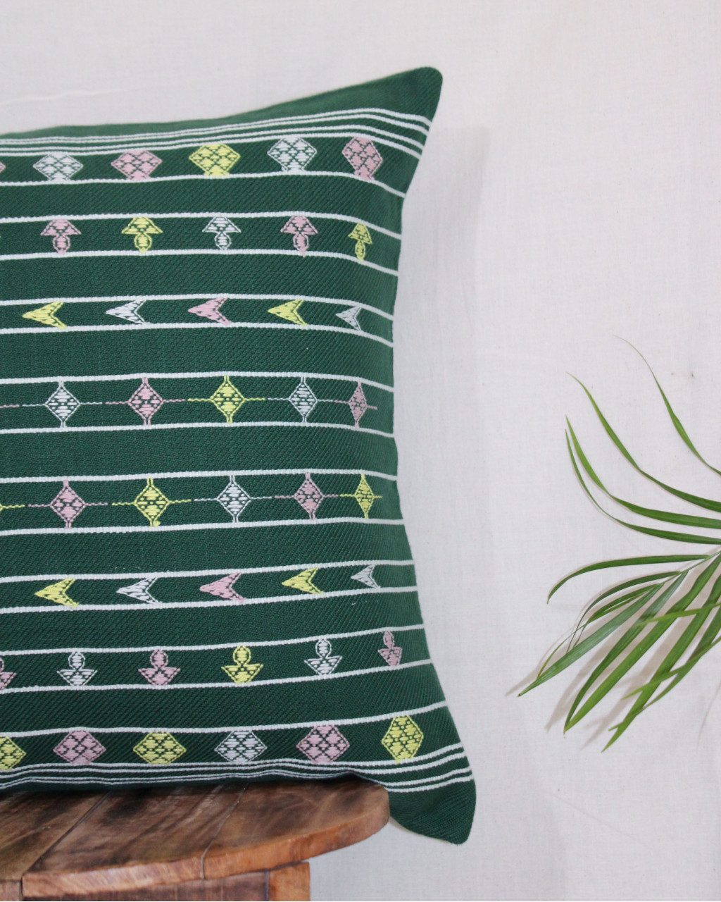 (1470) Kala cotton Azo-free dyed Kutchy cushion cover from Kutch with kala cotton extra-weft and kala cotton extra-weft - Green, white, pink, yellow, stripes