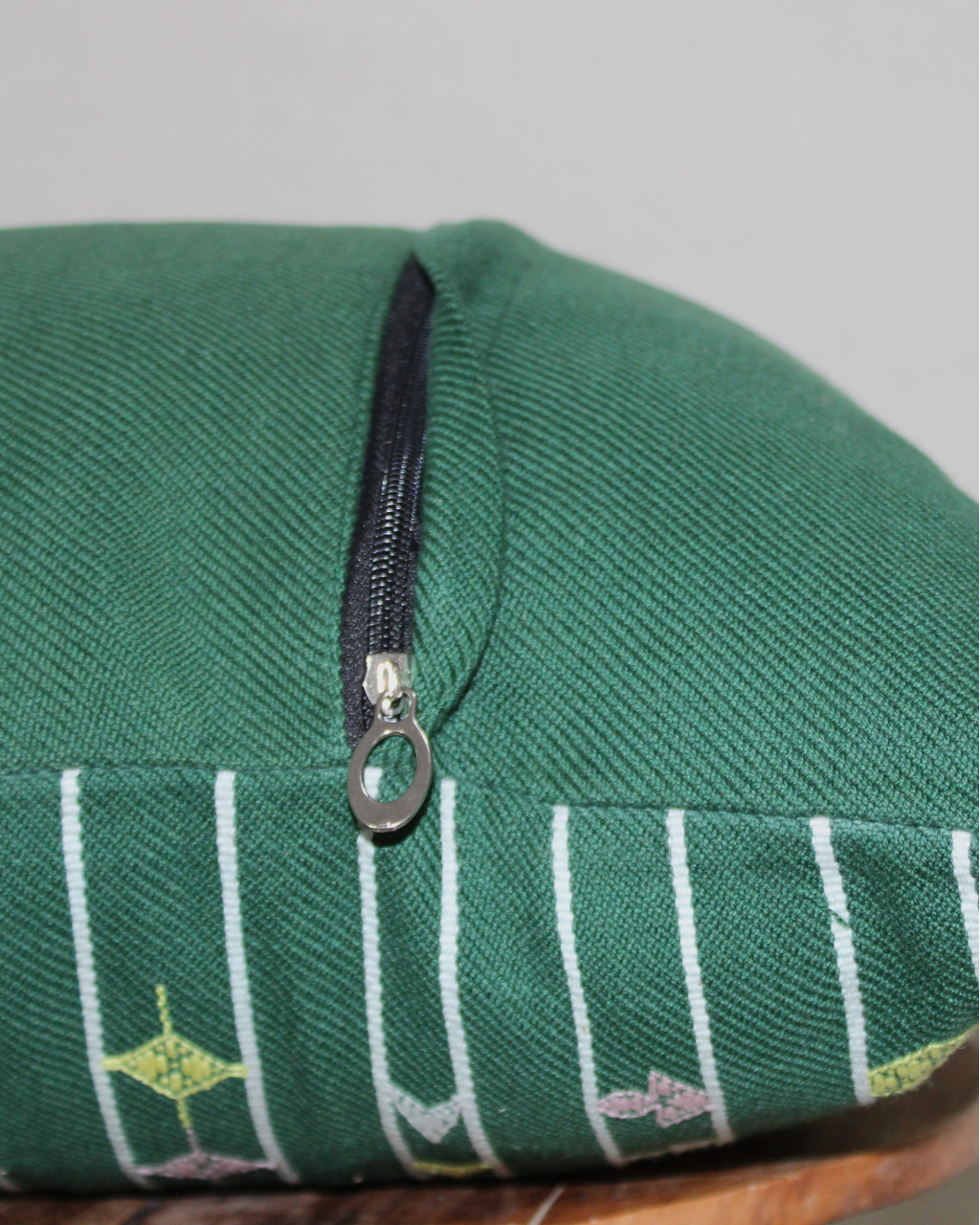 (1470) Kala cotton Azo-free dyed Kutchy cushion cover from Kutch with kala cotton extra-weft and kala cotton extra-weft - Green, white, pink, yellow, stripes