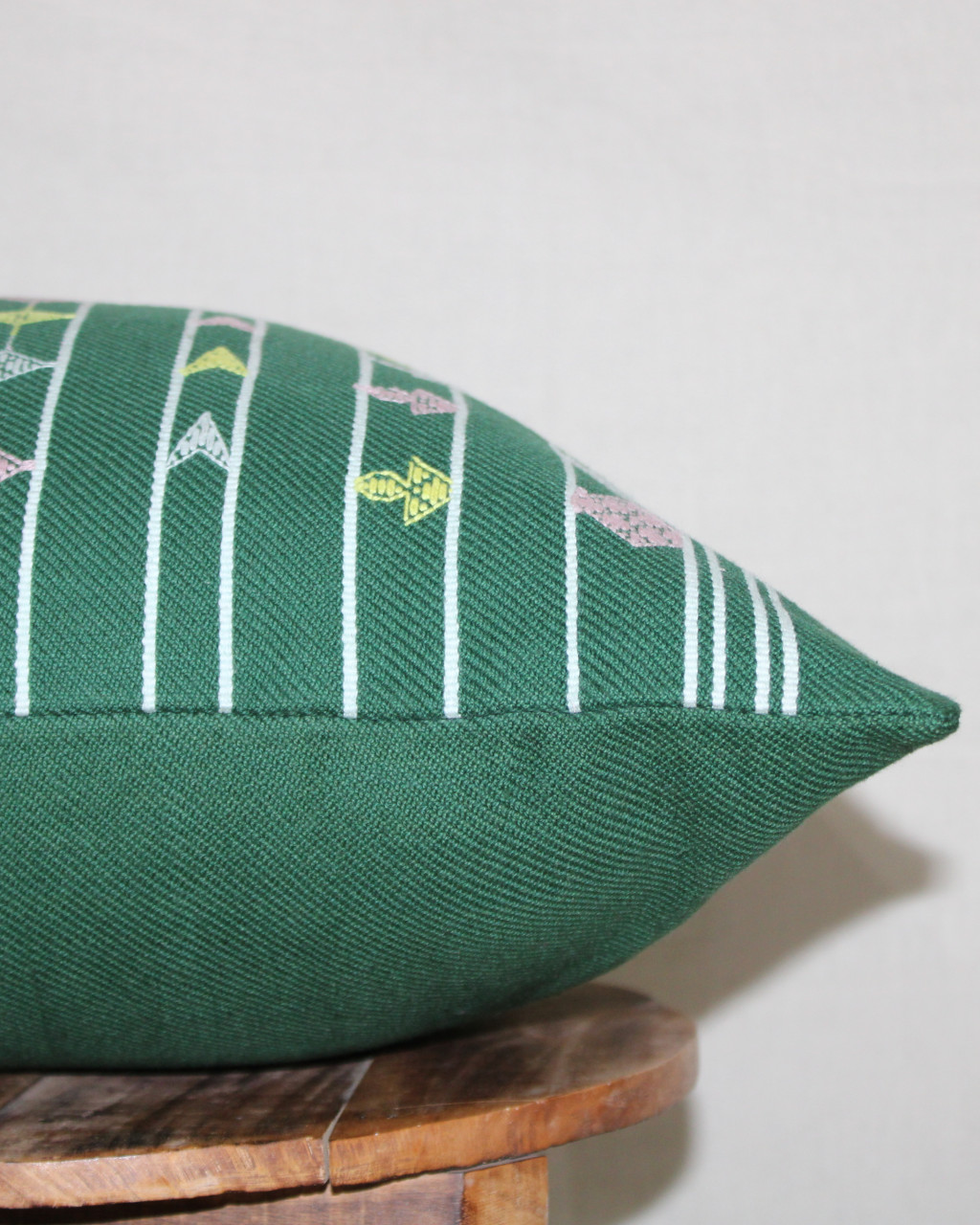 (1470) Kala cotton Azo-free dyed Kutchy cushion cover from Kutch with kala cotton extra-weft and kala cotton extra-weft - Green, white, pink, yellow, stripes