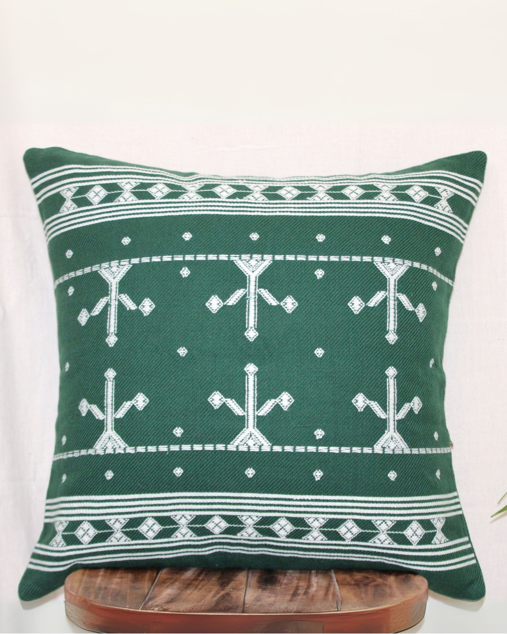 (1471) Kala cotton Azo-free dyed Kutchy cushion cover from Kutch with kala cotton motifs and kala cotton motifs - Green, white, motif, stripes