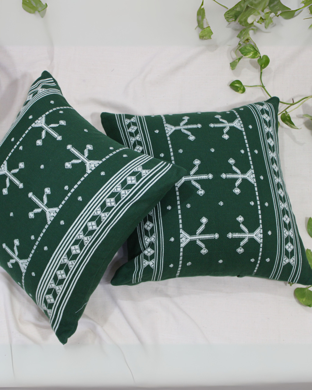(1471) Kala cotton Azo-free dyed Kutchy cushion cover from Kutch with kala cotton motifs and kala cotton motifs - Green, white, motif, stripes