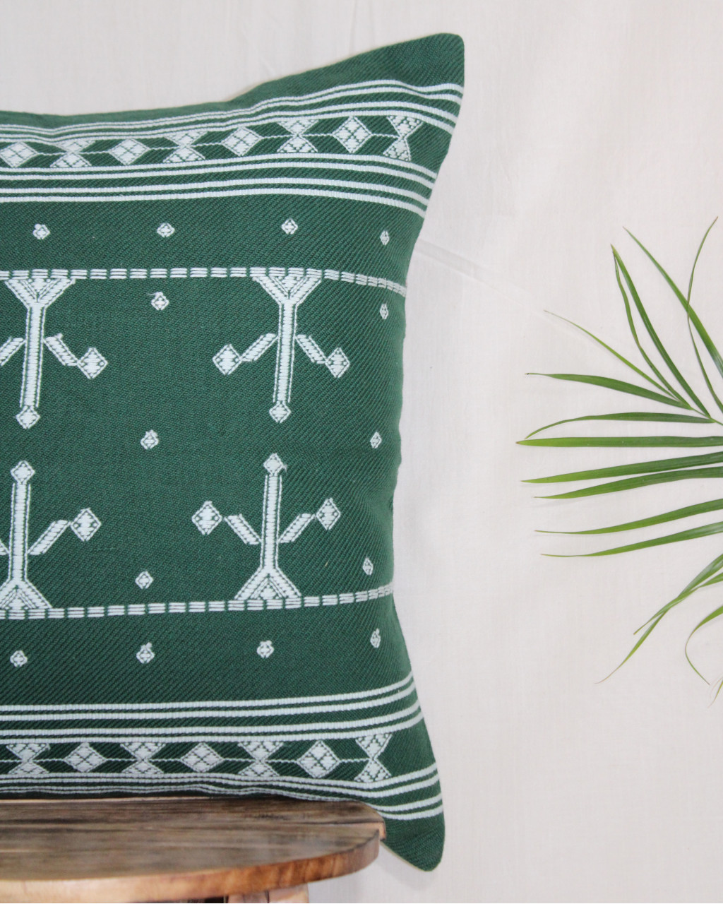 (1471) Kala cotton Azo-free dyed Kutchy cushion cover from Kutch with kala cotton motifs and kala cotton motifs - Green, white, motif, stripes