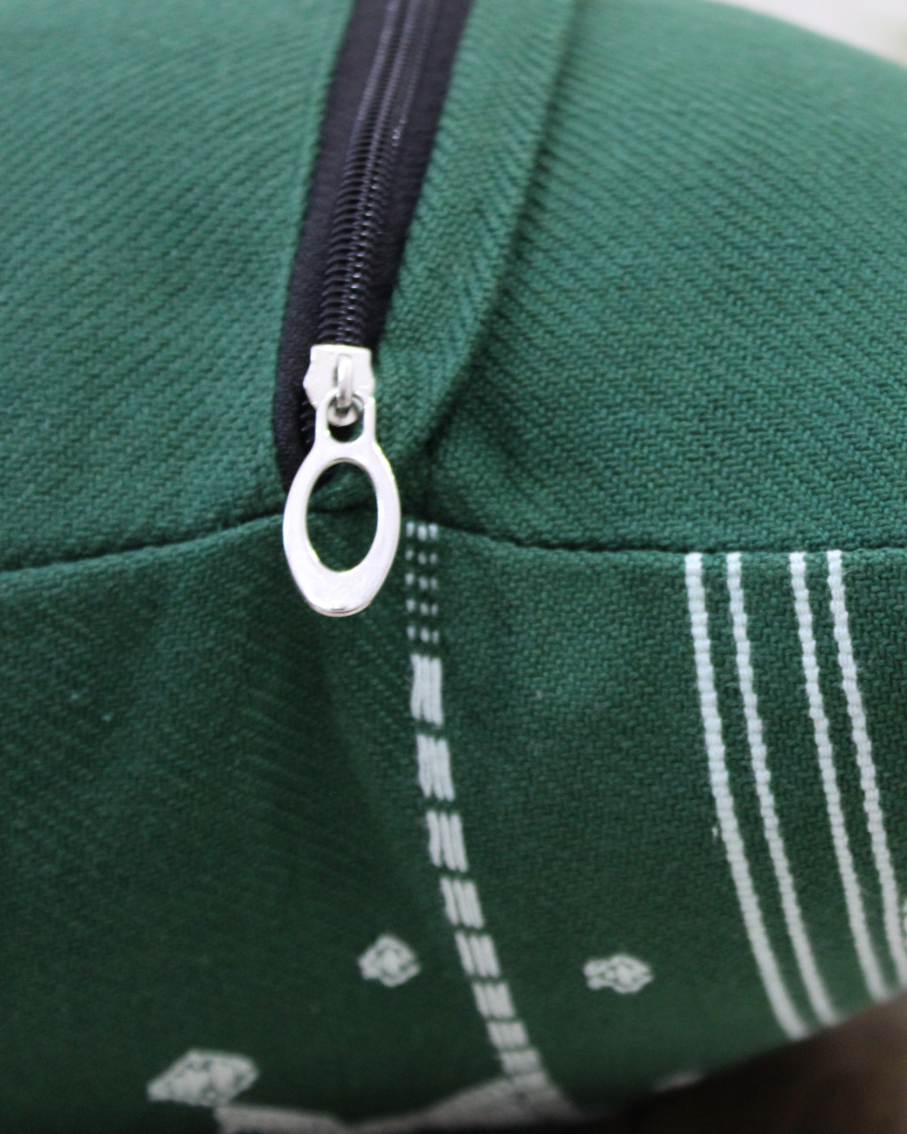 (1471) Kala cotton Azo-free dyed Kutchy cushion cover from Kutch with kala cotton motifs and kala cotton motifs - Green, white, motif, stripes