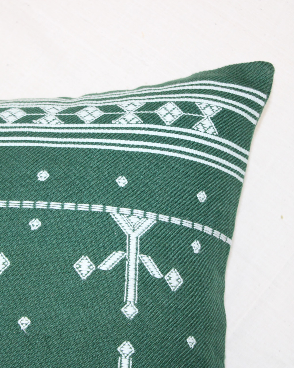 (1471) Kala cotton Azo-free dyed Kutchy cushion cover from Kutch with kala cotton motifs and kala cotton motifs - Green, white, motif, stripes