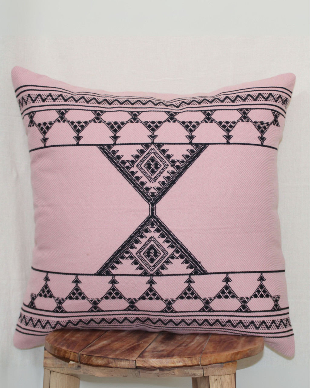 (1474) Kala cotton Azo-free dyed Kutchy cushion cover from Kutch with kala cotton motifs and kala cotton motifs - Peach, black, motif, stripes