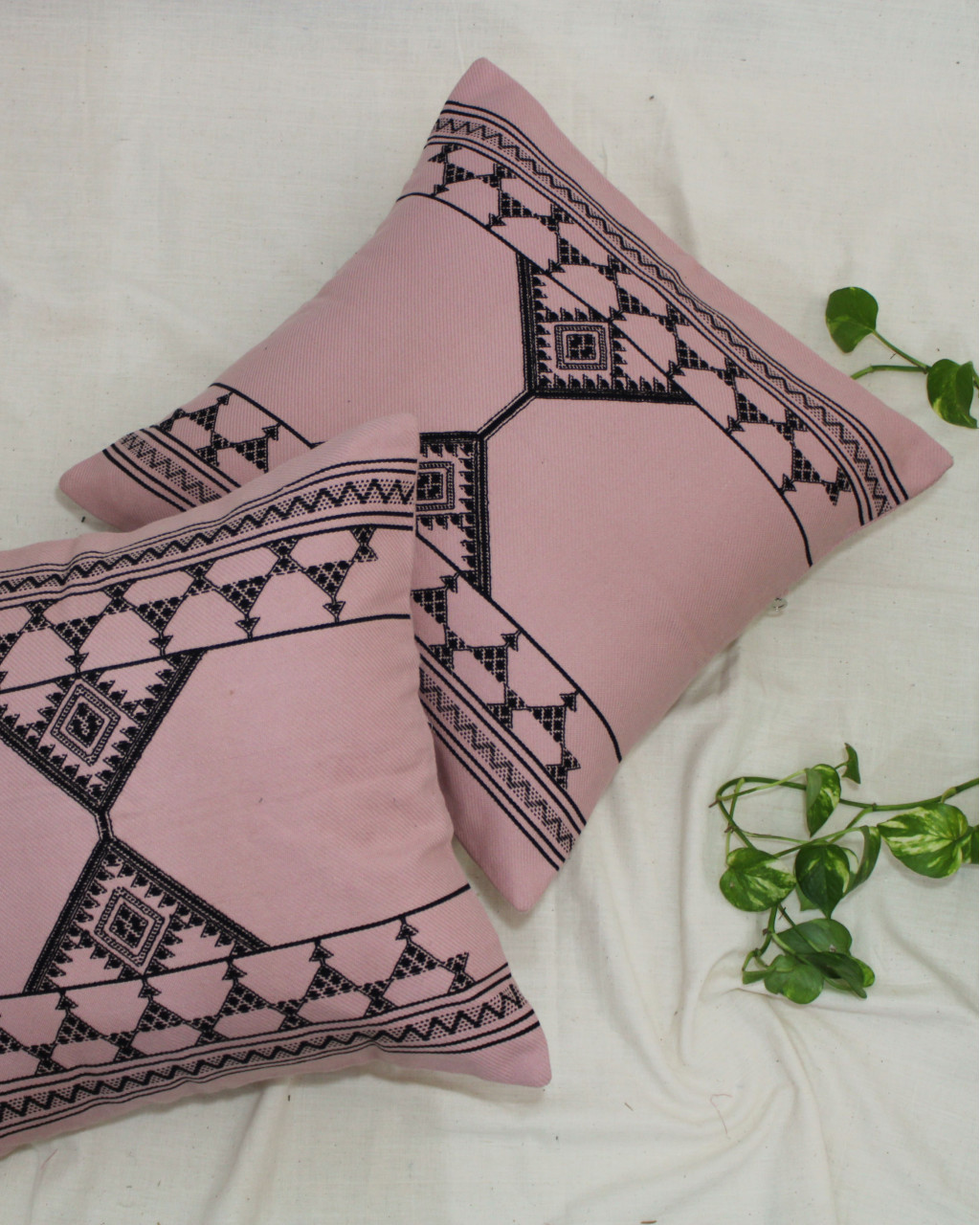 (1474) Kala cotton Azo-free dyed Kutchy cushion cover from Kutch with kala cotton motifs and kala cotton motifs - Peach, black, motif, stripes