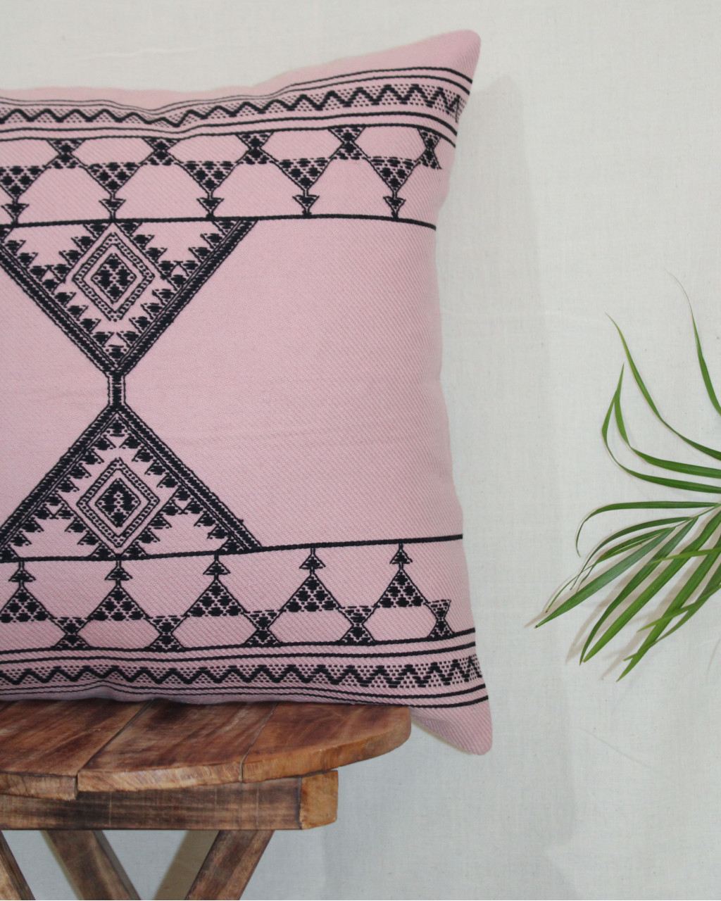 (1474) Kala cotton Azo-free dyed Kutchy cushion cover from Kutch with kala cotton motifs and kala cotton motifs - Peach, black, motif, stripes