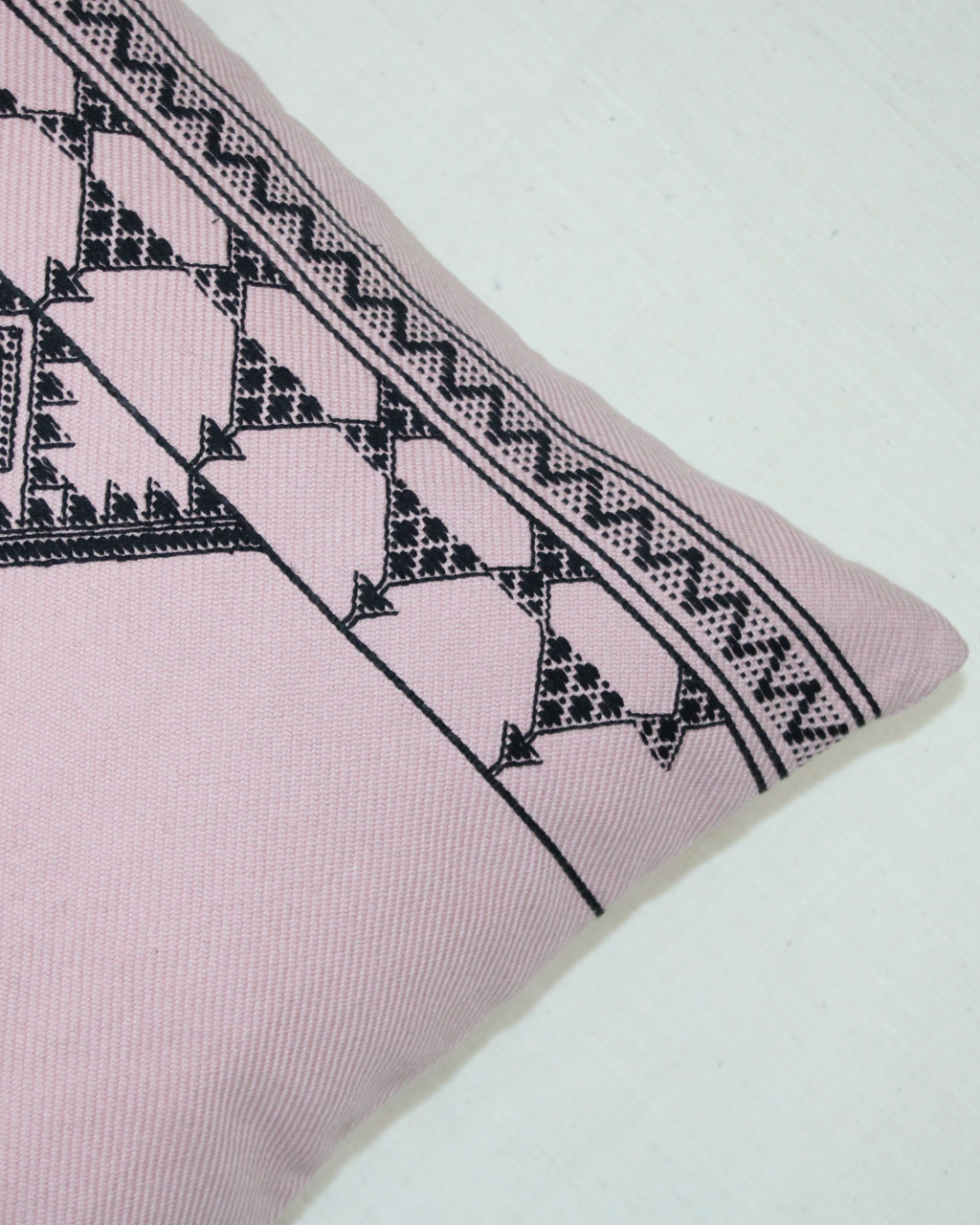 (1474) Kala cotton Azo-free dyed Kutchy cushion cover from Kutch with kala cotton motifs and kala cotton motifs - Peach, black, motif, stripes