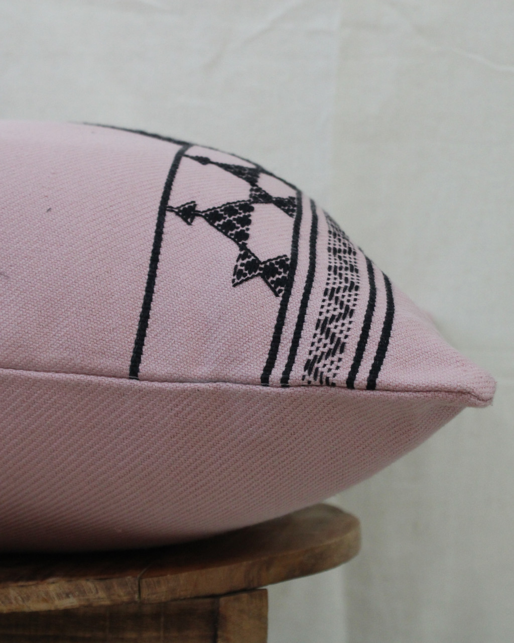 (1474) Kala cotton Azo-free dyed Kutchy cushion cover from Kutch with kala cotton motifs and kala cotton motifs - Peach, black, motif, stripes