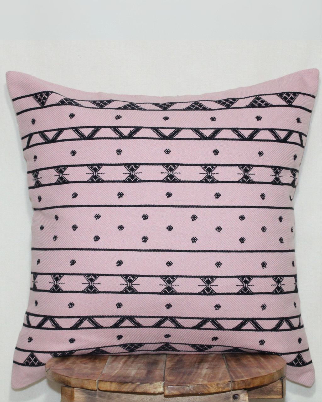 (1475) Kala cotton Azo-free dyed Kutchy cushion cover from Kutch with kala cotton motifs and kala cotton motifs - Peach, black, motif, stripes