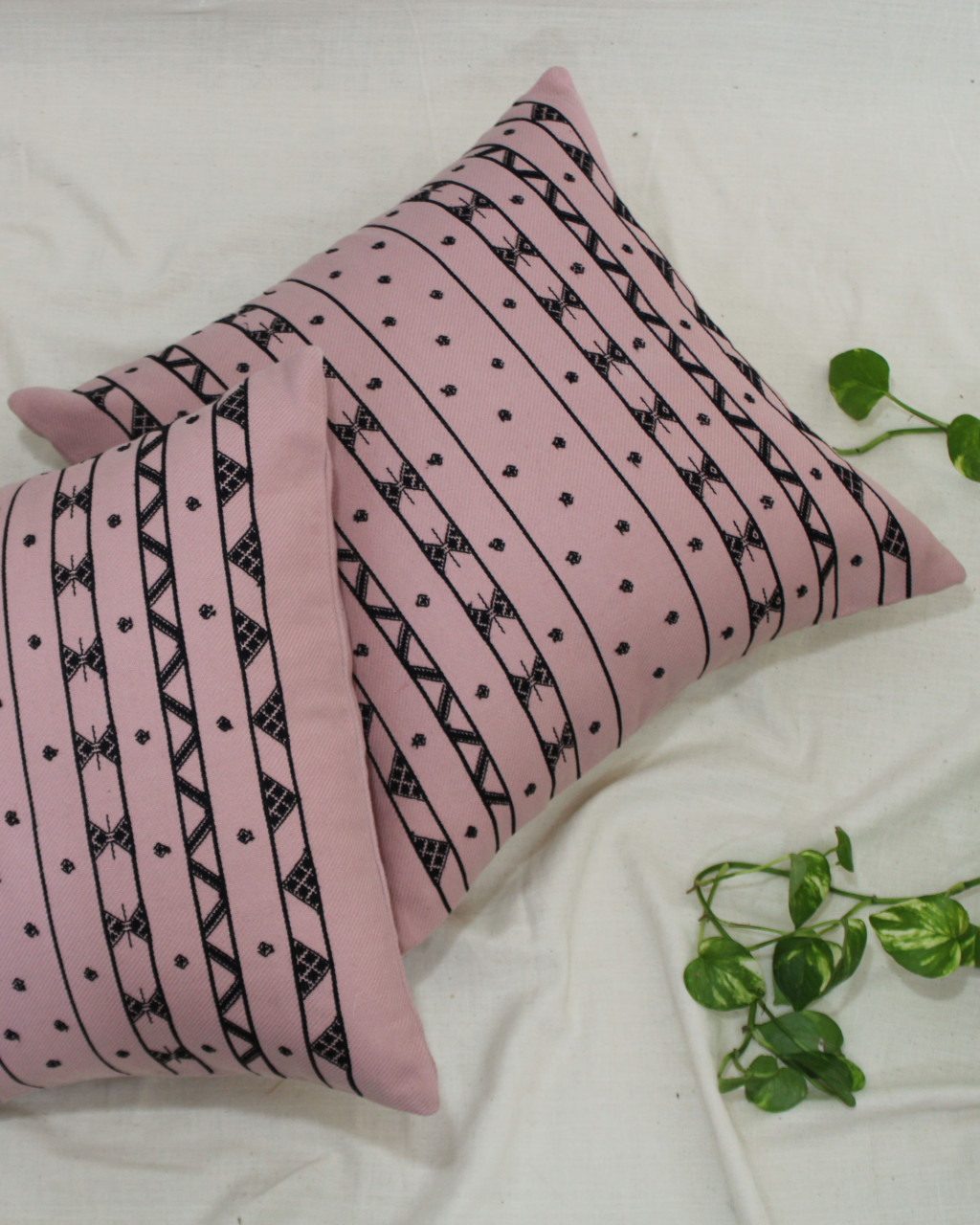 (1475) Kala cotton Azo-free dyed Kutchy cushion cover from Kutch with kala cotton motifs and kala cotton motifs - Peach, black, motif, stripes