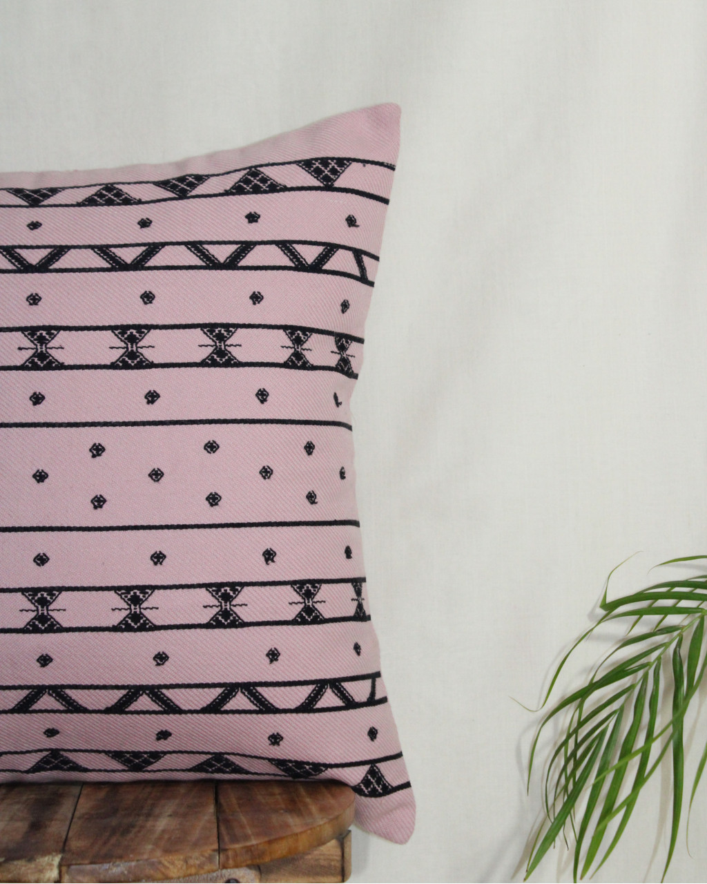 (1475) Kala cotton Azo-free dyed Kutchy cushion cover from Kutch with kala cotton motifs and kala cotton motifs - Peach, black, motif, stripes