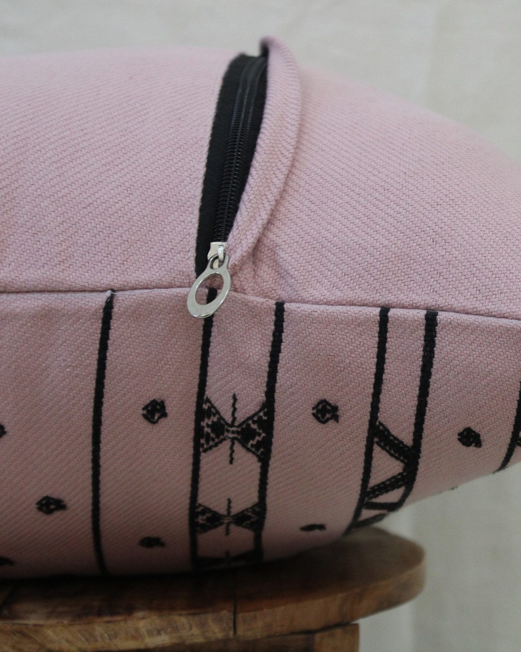 (1475) Kala cotton Azo-free dyed Kutchy cushion cover from Kutch with kala cotton motifs and kala cotton motifs - Peach, black, motif, stripes