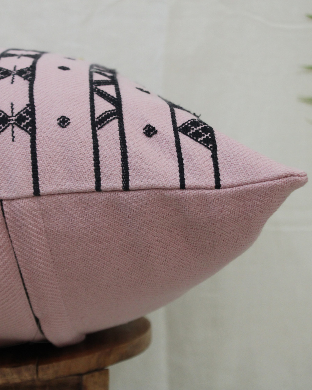 (1475) Kala cotton Azo-free dyed Kutchy cushion cover from Kutch with kala cotton motifs and kala cotton motifs - Peach, black, motif, stripes