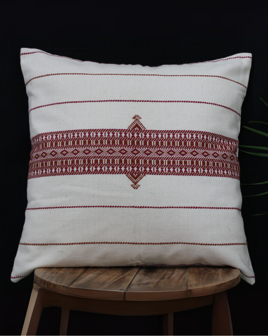 (1484) Organic kala cotton Azo-free dyed Kutchy cushion cover from Kutch with organic kala cotton motifs and organic kala cotton motifs - Maroon, off white, motif, stripes, extra weft