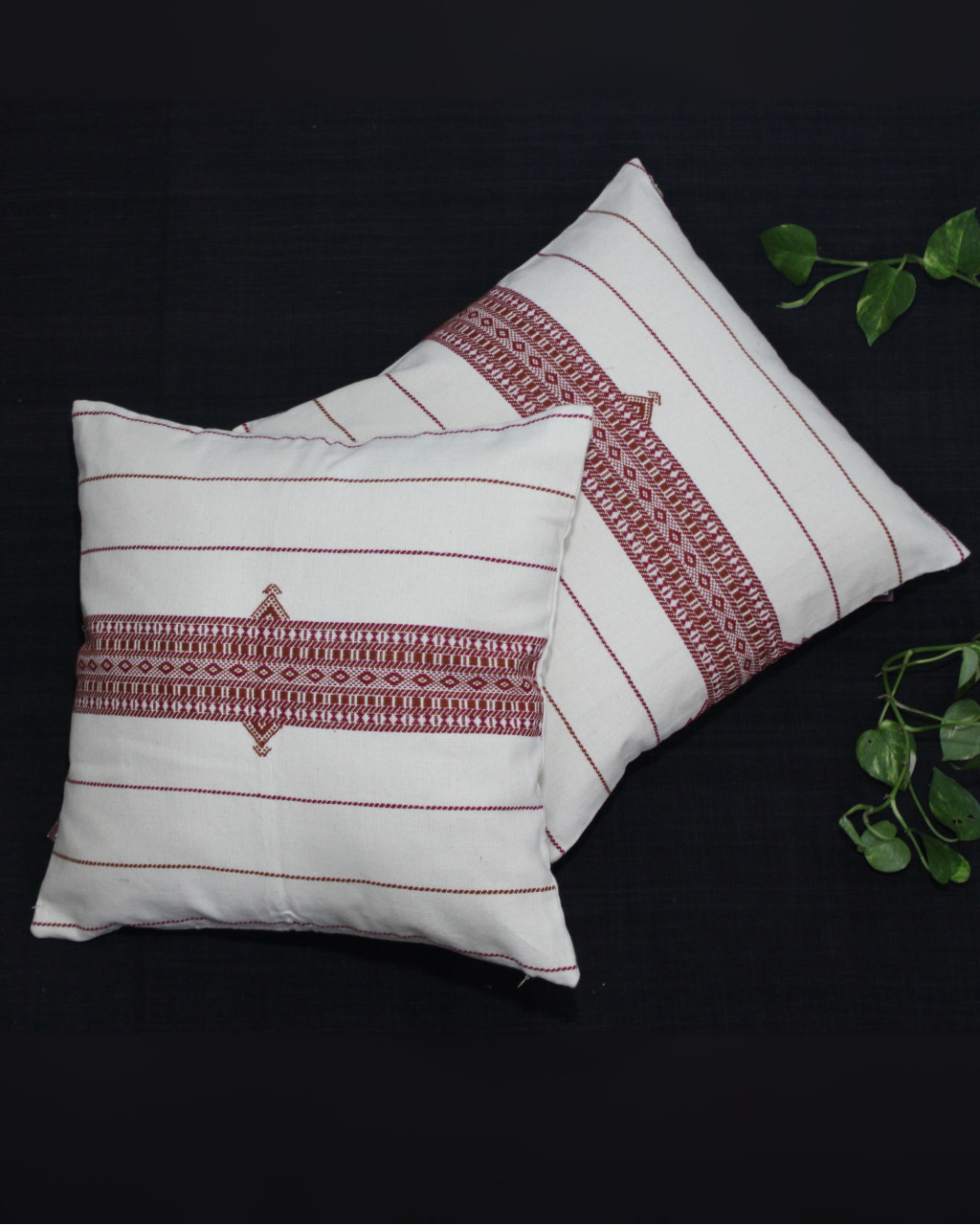 (1484) Organic kala cotton Azo-free dyed Kutchy cushion cover from Kutch with organic kala cotton motifs and organic kala cotton motifs - Maroon, off white, motif, stripes, extra weft