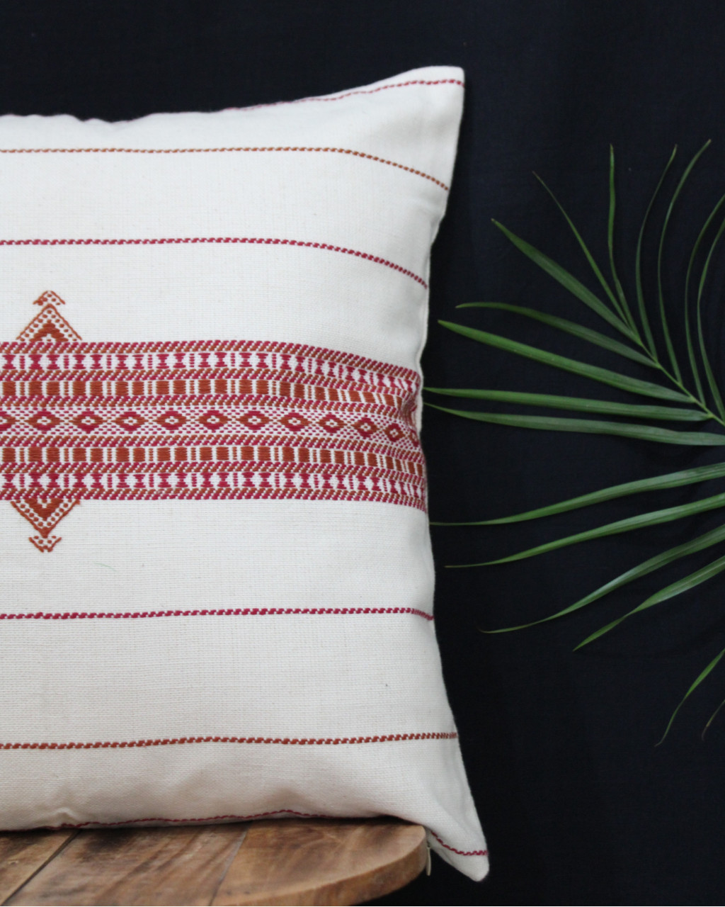 (1484) Organic kala cotton Azo-free dyed Kutchy cushion cover from Kutch with organic kala cotton motifs and organic kala cotton motifs - Maroon, off white, motif, stripes, extra weft