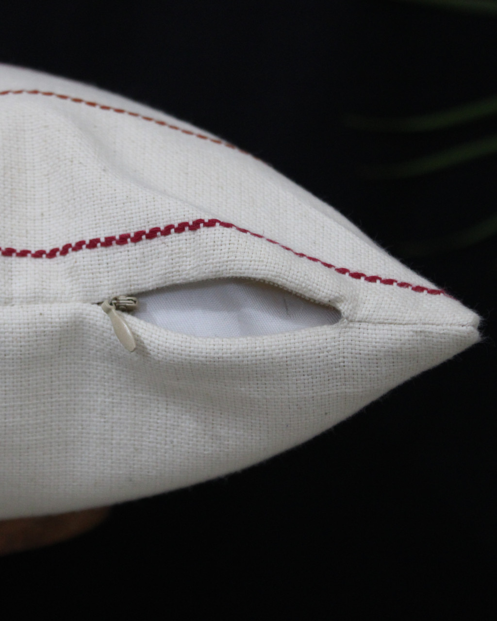 (1484) Organic kala cotton Azo-free dyed Kutchy cushion cover from Kutch with organic kala cotton motifs and organic kala cotton motifs - Maroon, off white, motif, stripes, extra weft