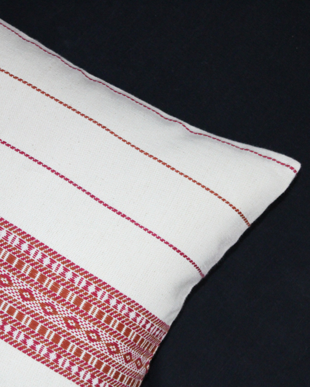 (1484) Organic kala cotton Azo-free dyed Kutchy cushion cover from Kutch with organic kala cotton motifs and organic kala cotton motifs - Maroon, off white, motif, stripes, extra weft
