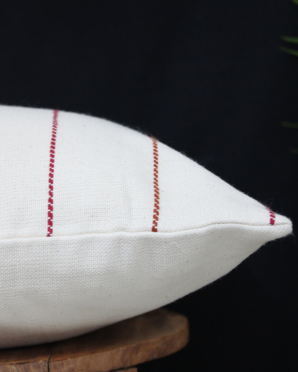(1484) Organic kala cotton Azo-free dyed Kutchy cushion cover from Kutch with organic kala cotton motifs and organic kala cotton motifs - Maroon, off white, motif, stripes, extra weft