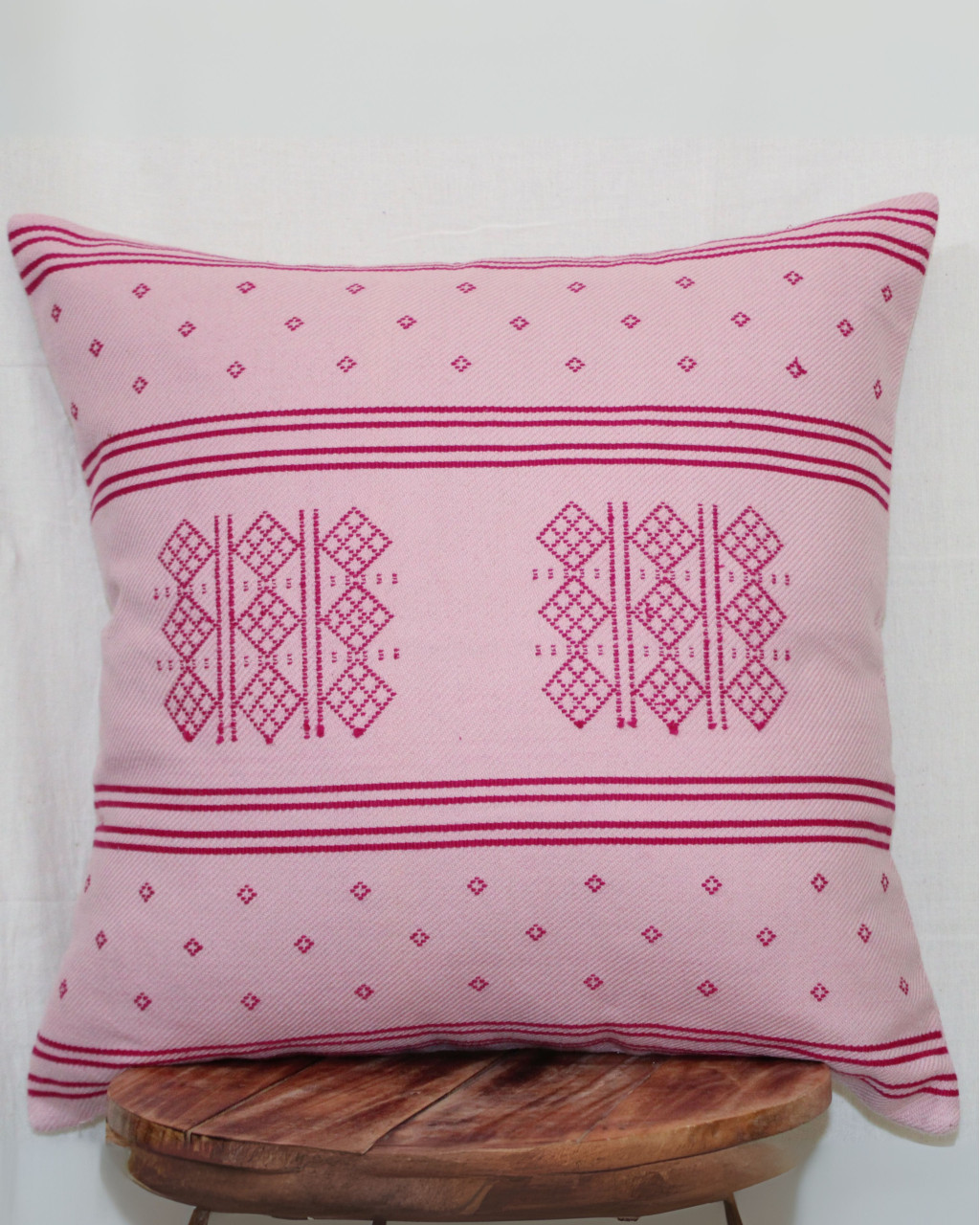 (1485) Kala cotton Azo-free dyed Kutchy cushion cover from Kutch with kala cotton motifs and kala cotton motifs - Peach, pink, motif, stripes