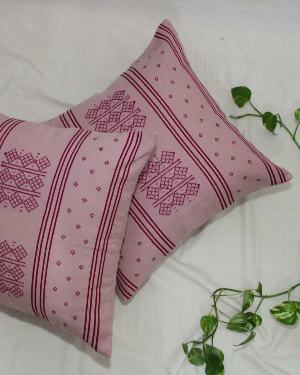 (1485) Kala cotton Azo-free dyed Kutchy cushion cover from Kutch with kala cotton motifs and kala cotton motifs - Peach, pink, motif, stripes