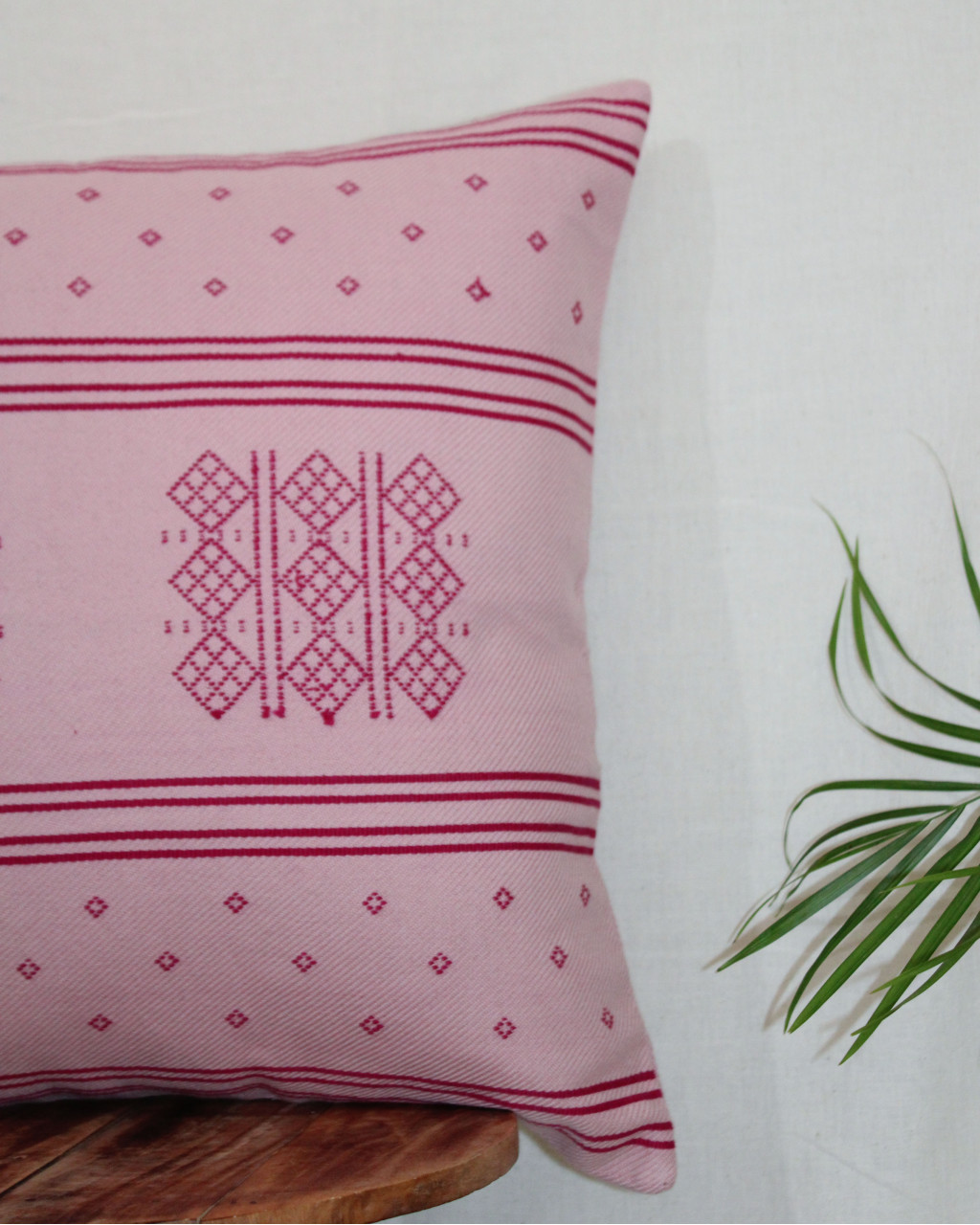 (1485) Kala cotton Azo-free dyed Kutchy cushion cover from Kutch with kala cotton motifs and kala cotton motifs - Peach, pink, motif, stripes
