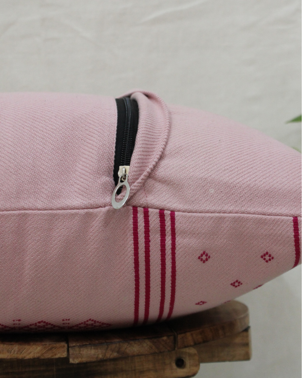 (1485) Kala cotton Azo-free dyed Kutchy cushion cover from Kutch with kala cotton motifs and kala cotton motifs - Peach, pink, motif, stripes