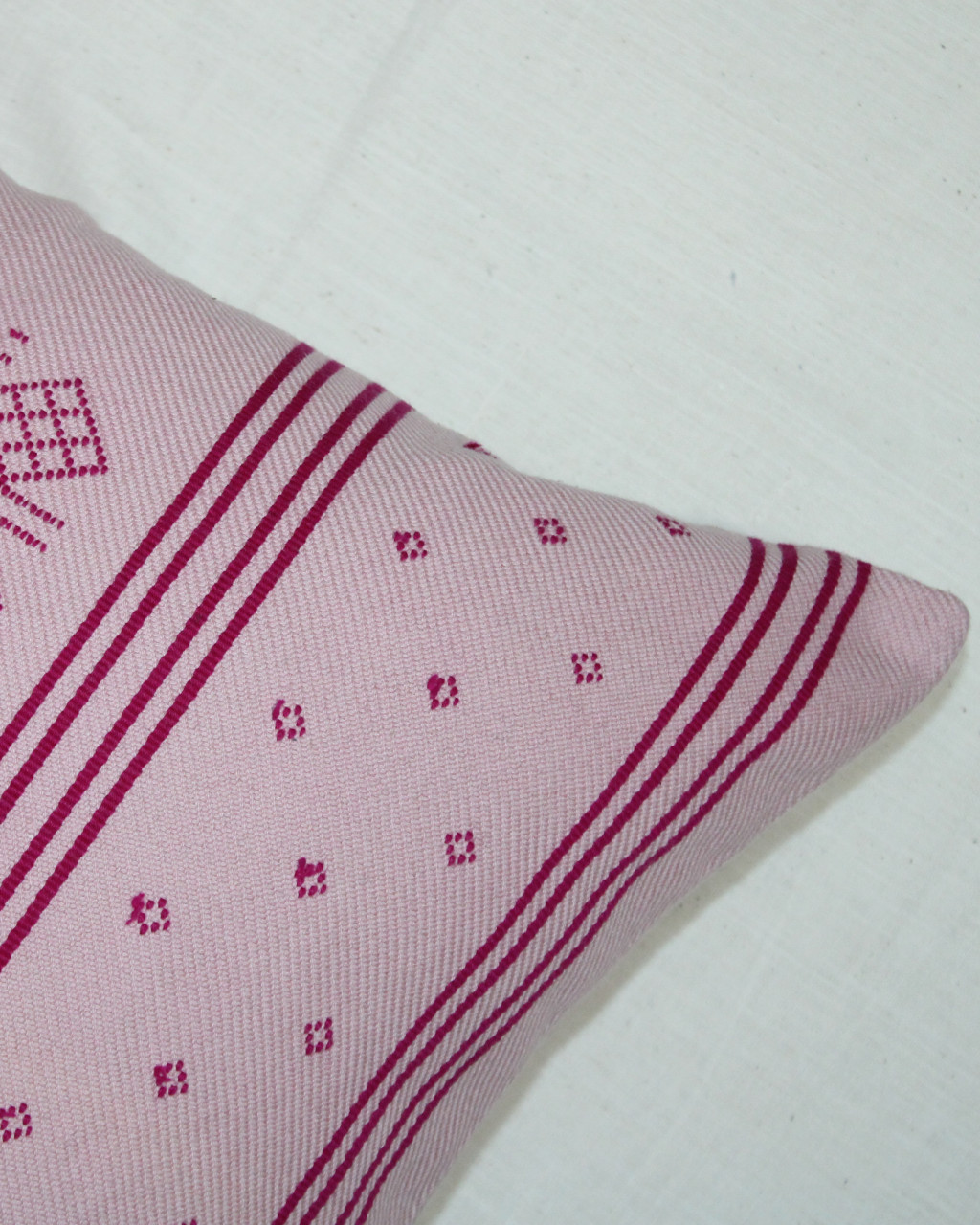 (1485) Kala cotton Azo-free dyed Kutchy cushion cover from Kutch with kala cotton motifs and kala cotton motifs - Peach, pink, motif, stripes