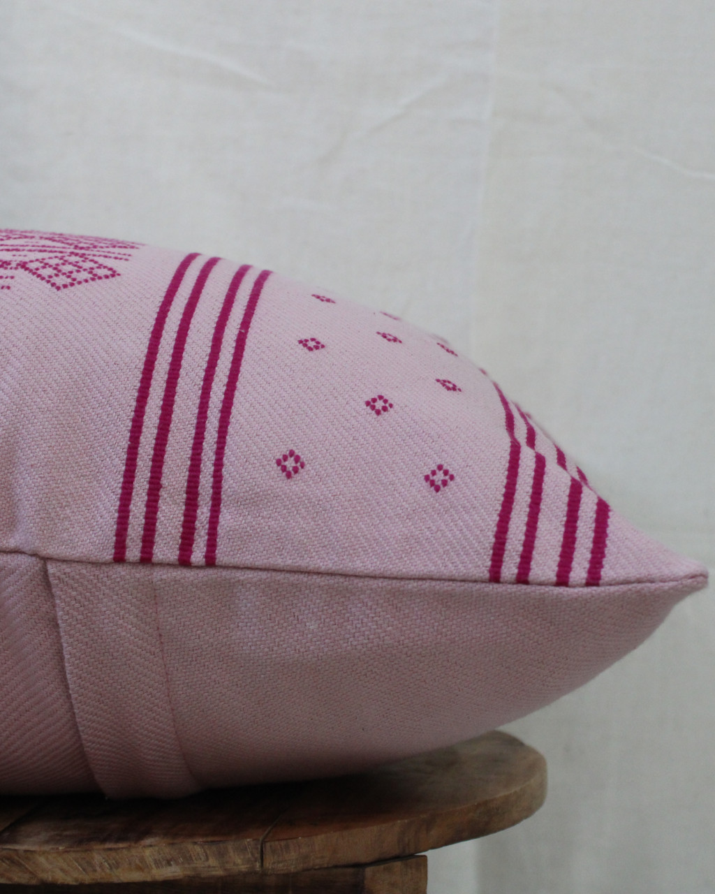 (1485) Kala cotton Azo-free dyed Kutchy cushion cover from Kutch with kala cotton motifs and kala cotton motifs - Peach, pink, motif, stripes