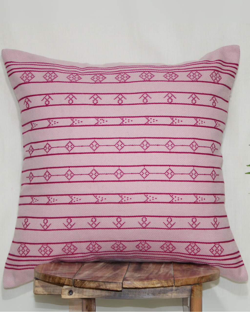 (1487) Kala cotton Azo-free dyed Kutchy cushion cover from Kutch with kala cotton motifs and kala cotton motifs - Peach, stripes, dark peach, motif