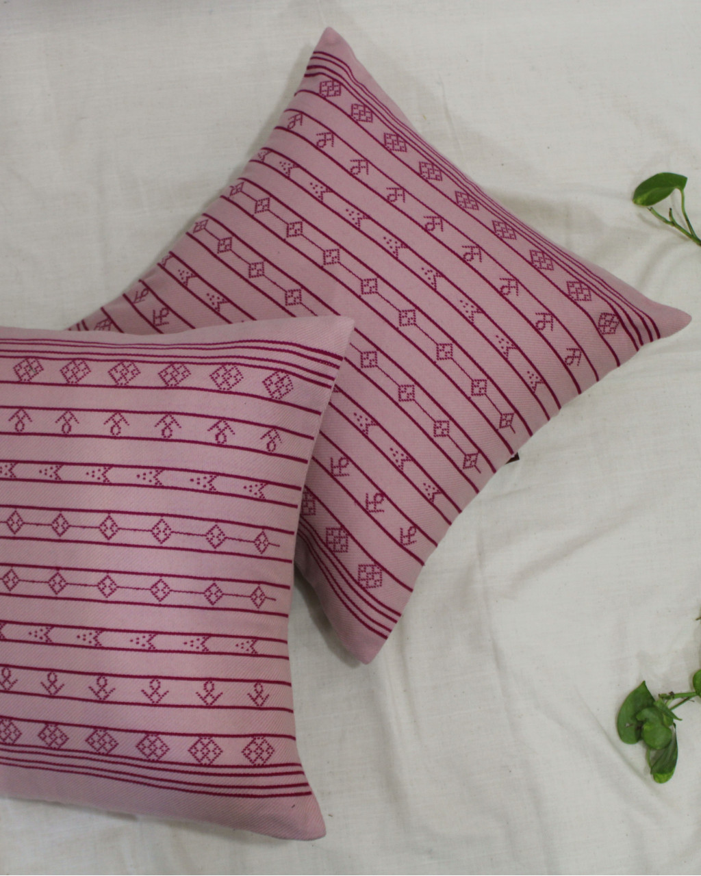 (1487) Kala cotton Azo-free dyed Kutchy cushion cover from Kutch with kala cotton motifs and kala cotton motifs - Peach, stripes, dark peach, motif