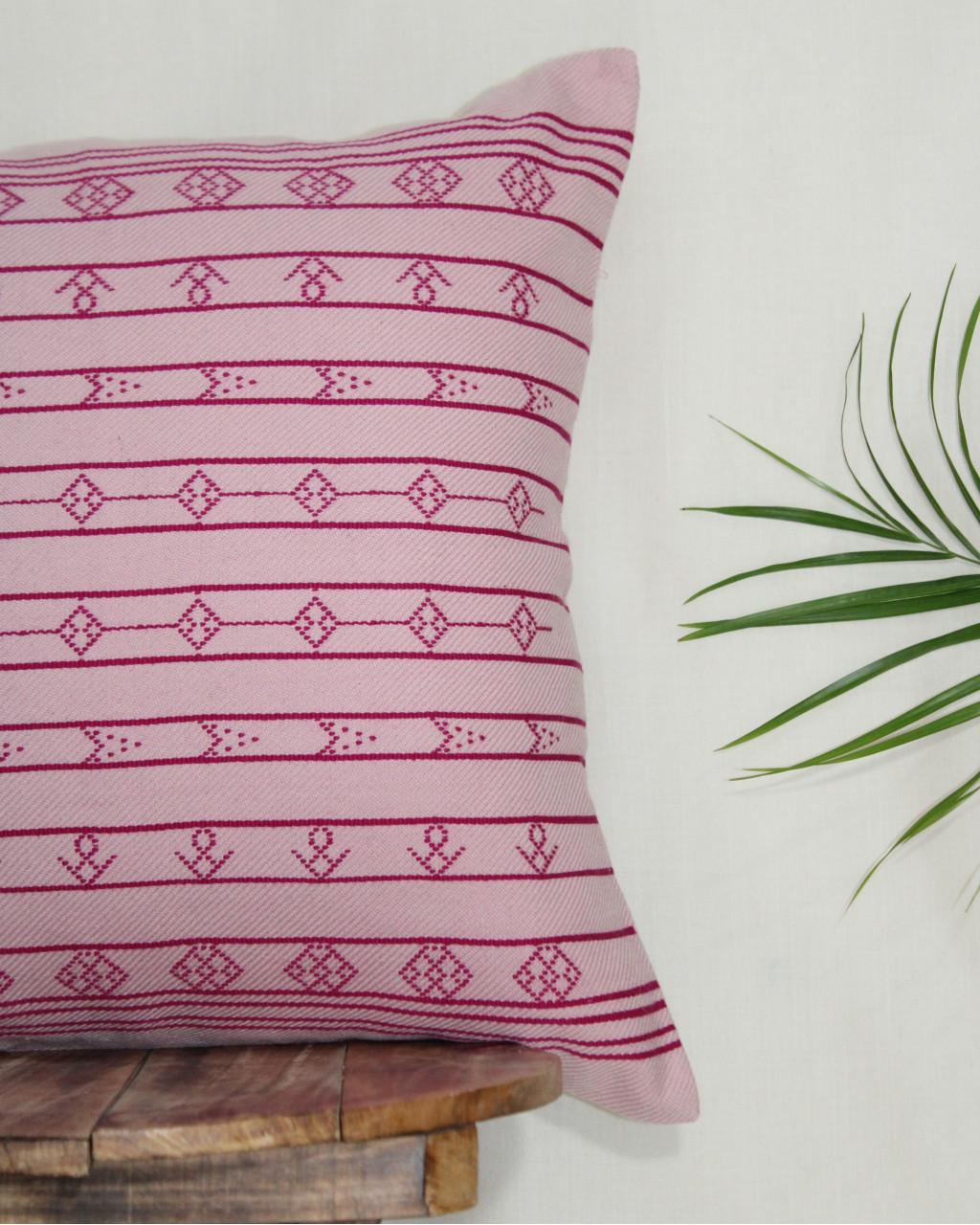 (1487) Kala cotton Azo-free dyed Kutchy cushion cover from Kutch with kala cotton motifs and kala cotton motifs - Peach, stripes, dark peach, motif