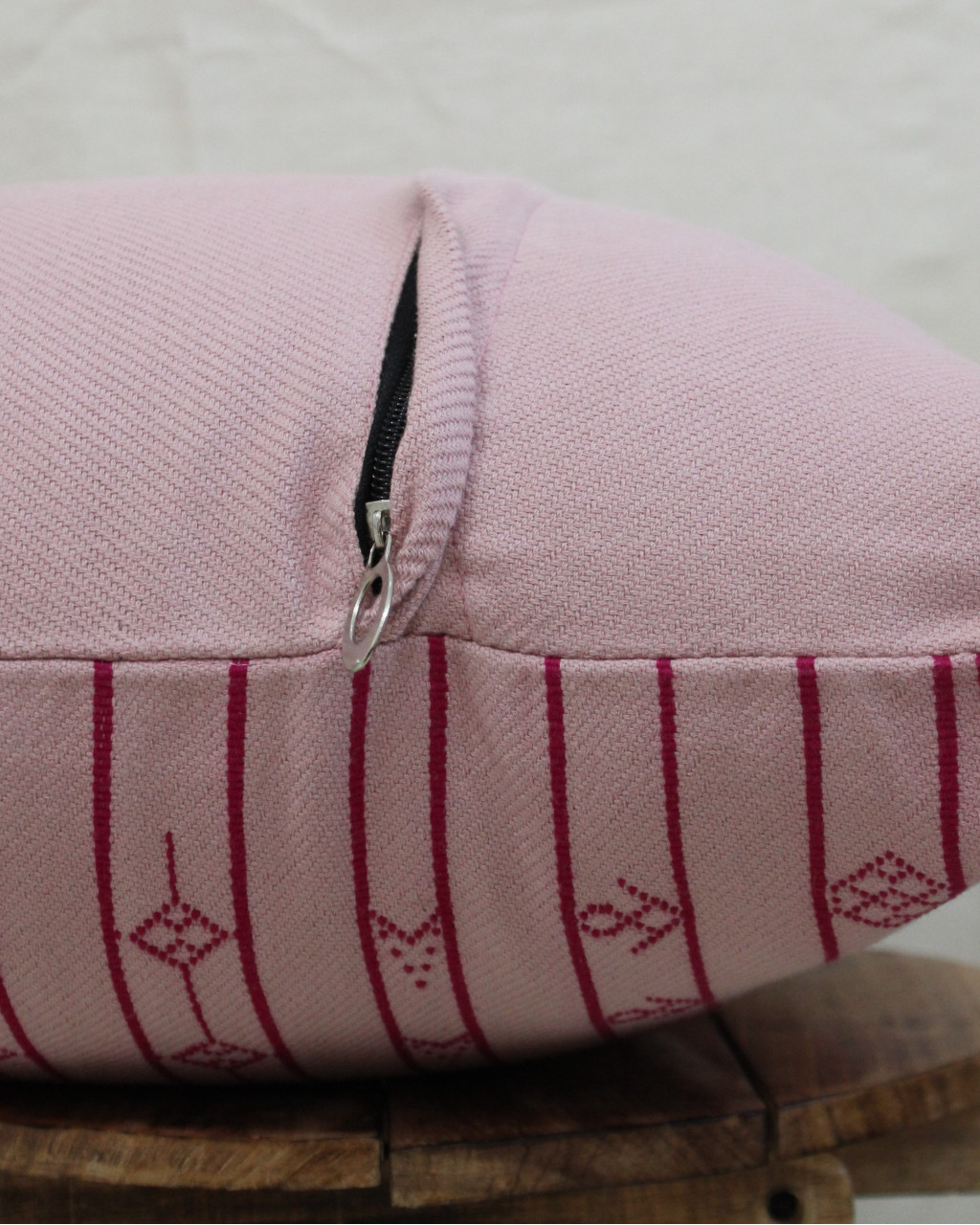 (1487) Kala cotton Azo-free dyed Kutchy cushion cover from Kutch with kala cotton motifs and kala cotton motifs - Peach, stripes, dark peach, motif