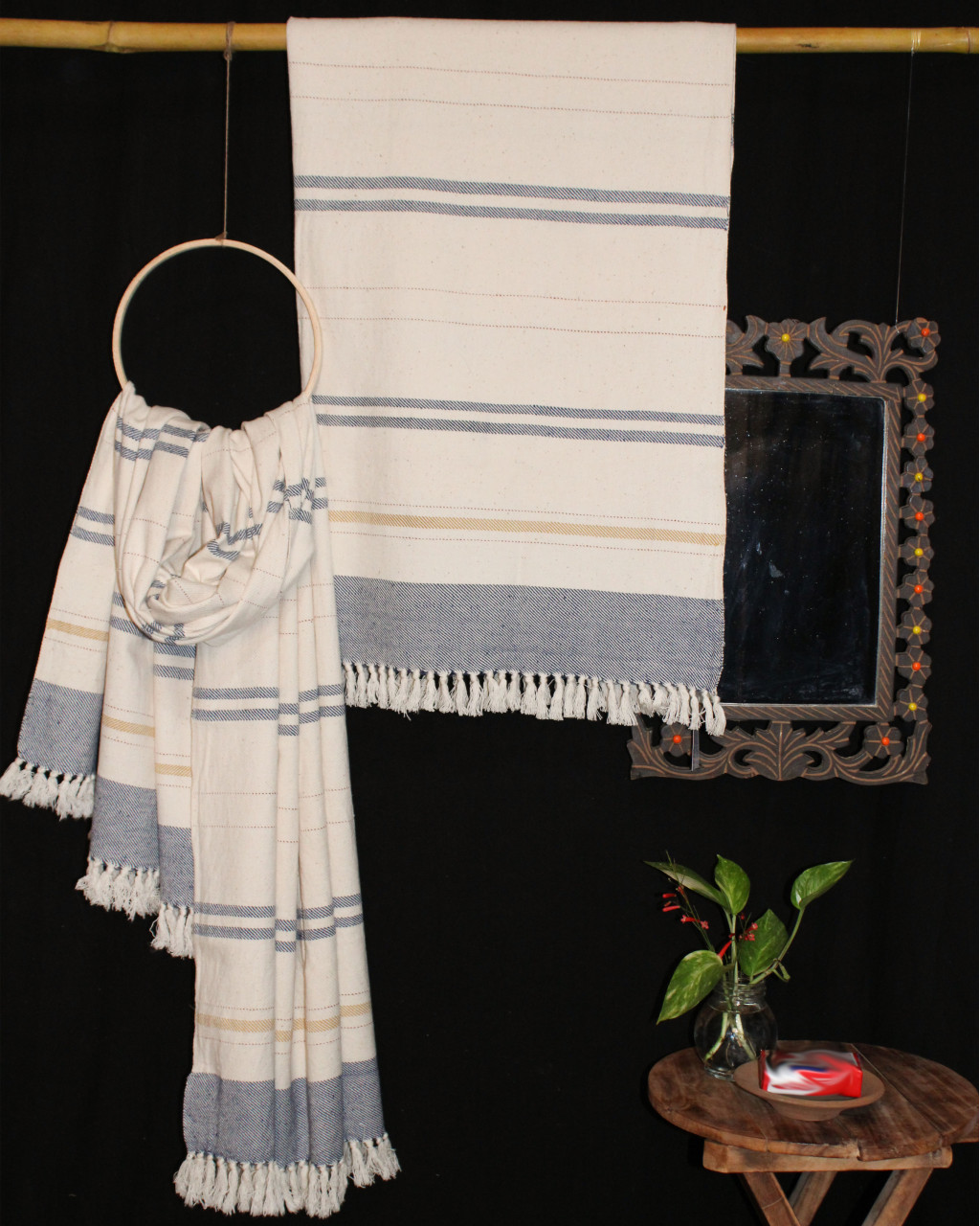 (1614) Cotton and kala cotton Azo-free dyed Kutchy towel from Kutch - Off white, indigo, red, stripes, pinstripes, twill